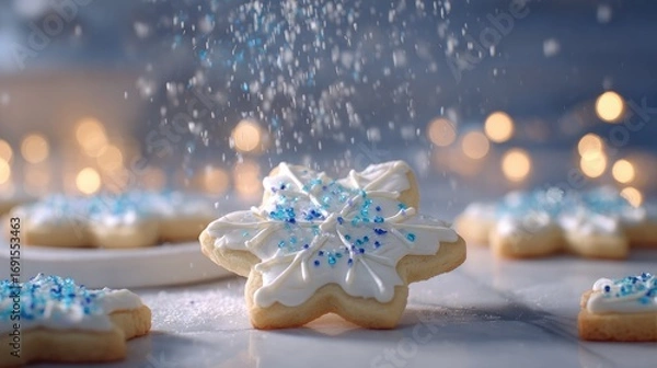 Fototapeta Star cookies with white frosting & blue sprinkles are on a bright, marble surface as sugar dusts down, bokeh lights in the background