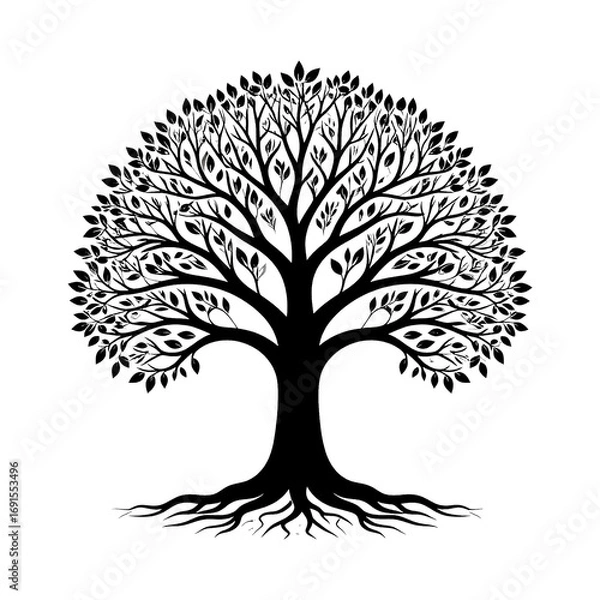 Fototapeta Stylized black tree silhouette with visible roots and branches
