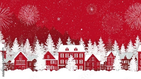 Fototapeta Festive Snowy Village Scene with Fireworks and Christmas Trees in Red Sky
