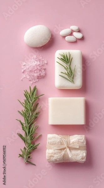 Fototapeta A visually appealing flat lay of stacked bath products, sprigs, & crystals, arranged vertically on a soft pink backdrop