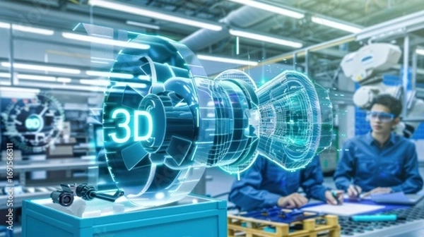 Fototapeta Futuristic 3d Technology Equipment in Modern Manufacturing Factory