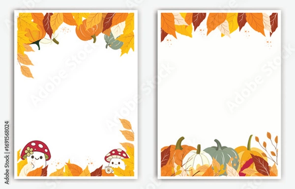Fototapeta Autumn Frame with Pumpkins and Fall Leaves for Seasonal Invitation or Greeting Card