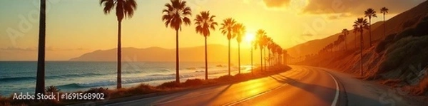 Fototapeta Golden hour sunlight bathes a vibrant, sun-drenched LA summer scene, highlighting palm trees, a sparkling ocean, and a classic Californian road , vibrant, vacation, light