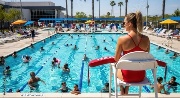 Fototapeta A lifeguard in a red life jacket supervises a swimming pool filled with people, with palm trees in the background.