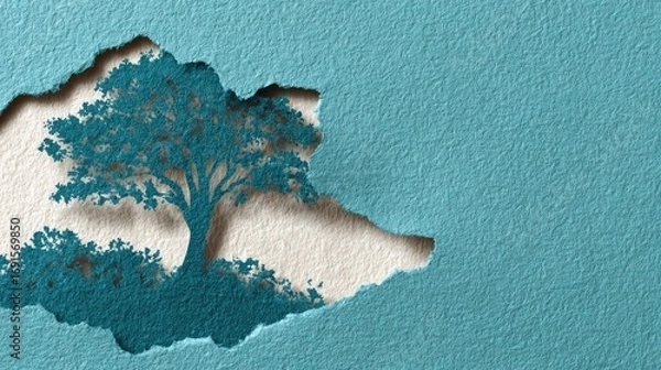 Fototapeta Teal tree silhouette torn paper design