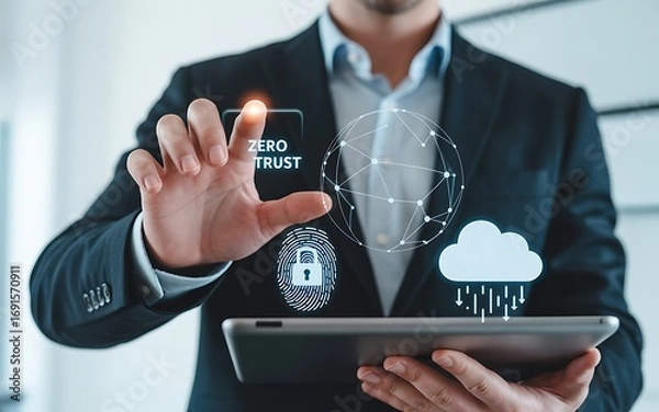 Fototapeta Modern cybersecurity concept of zero trust in a business environment with a businessman using a tablet and digital network overlay
