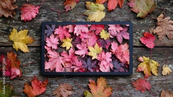 Fototapeta Tablet displaying autumn leaves on weathered wood