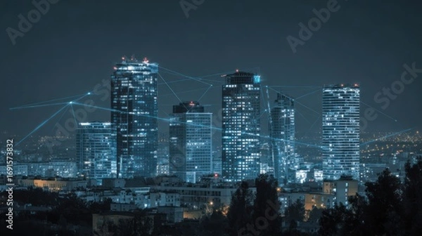 Fototapeta Futuristic City Skyline at Night with Connected Skyscrapers and Bright Lights