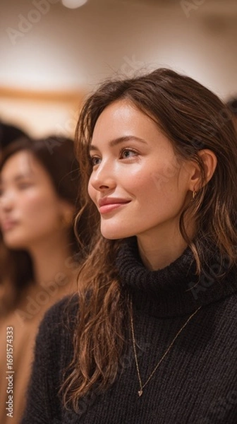 Fototapeta Windblown hair portrait – Portrait of a Thoughtful Woman in a Black Sweater at a Public Event cinematic natural outdoor light, woman with long flowing hair in motion, serene expression, editorial