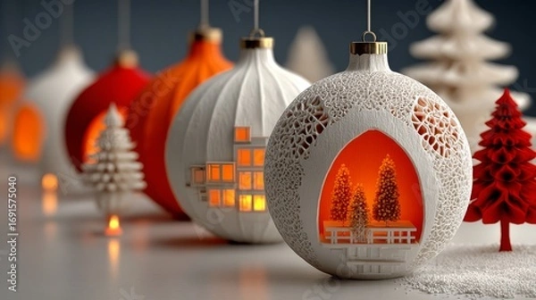 Fototapeta  Festive paper-cut Christmas ornaments, warm glowing red and white, displaying miniature winter trees