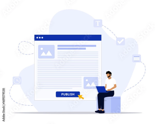 Fototapeta Publish article concept illustration. Suitable for landing page, ui, web, App intro card, editorial, flyer, and banner.