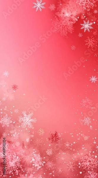 Fototapeta Blurred snowflakes in varied sizes drift down a soft, pink to red gradient backdrop, creating a whimsical, festive, and wintery atmosphere