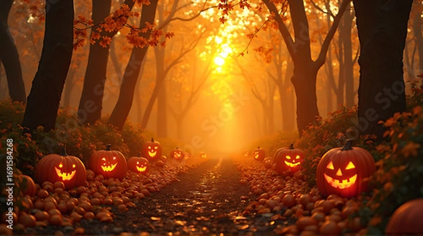 Fototapeta A Spooky Halloween Path Illuminated by Jack-o'-Lanterns in an Enchanted Forest