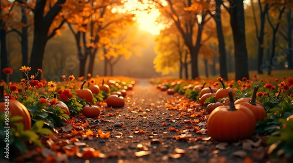 Fototapeta Enchanting Autumn Pathway Lined with Pumpkins and Vibrant Fall Foliage