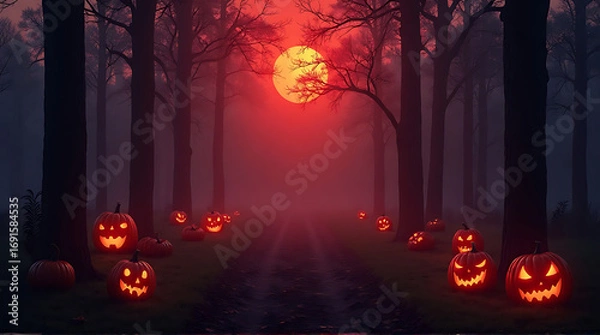Fototapeta Spooky Halloween night: Jack-o'-lanterns illuminating a path through a dark forest
