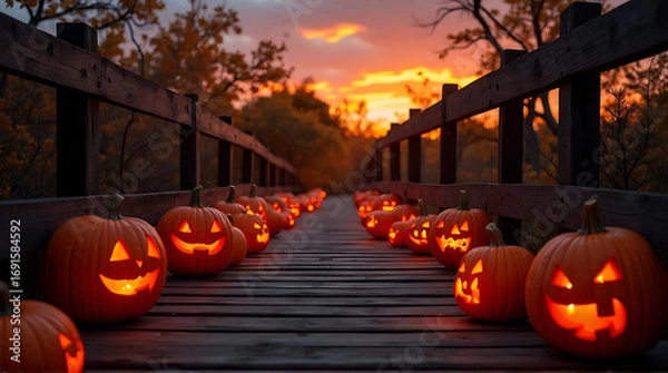 Fototapeta Illuminated jack-o'-lanterns lining wooden bridge at dusk during spooky halloween