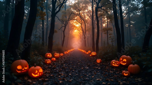 Fototapeta Halloween Night: Spooky Forest Path Lit by Glowing Jack-o'-Lanterns Festive Display