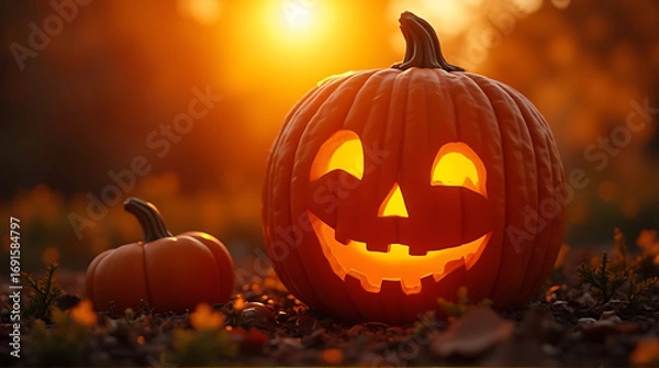 Fototapeta Warm Halloween Evening: Jack-o'-Lanterns Glowing in Autumn Setting