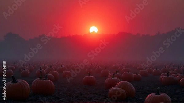Fototapeta Eerie sunset over a pumpkin patch casting a vibrant red glow on horizon