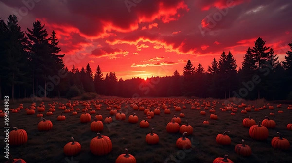 Fototapeta Sunset Glow Over a Pumpkin Patch Surrounded by a Forest Edge Silhouette
