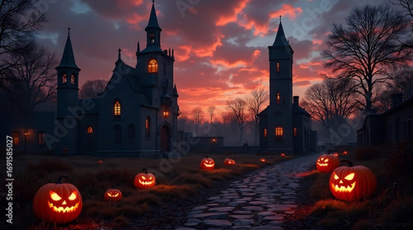 Fototapeta Eerie Halloween night: Illuminated pumpkins and gothic architecture under a fiery sky