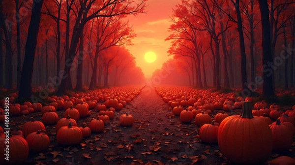 Fototapeta Autumnal pumpkin path at sunset lined with fiery red trees and fallen leaves