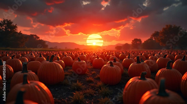 Fototapeta Enchanting autumn sunset over pumpkin patch creates a warm and festive scene