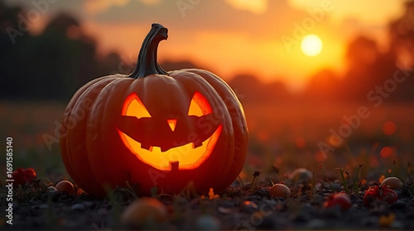Fototapeta Illuminated jack-o'-lantern against a sunset background in an outdoor setting