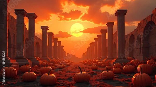 Fototapeta Autumnal illusion: A surreal landscape of pumpkins between ancient columns