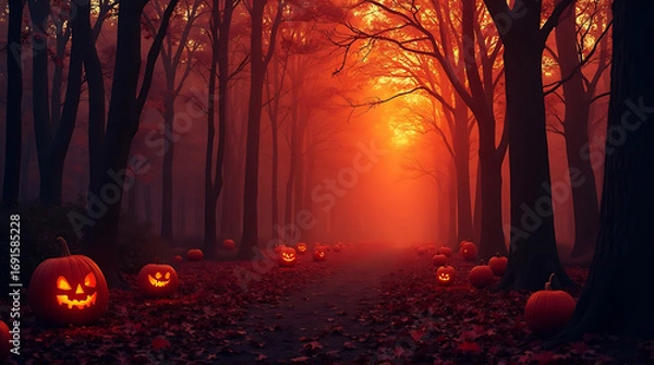 Fototapeta Eerie Halloween night forest path illuminated with glowing jack-o'-lanterns