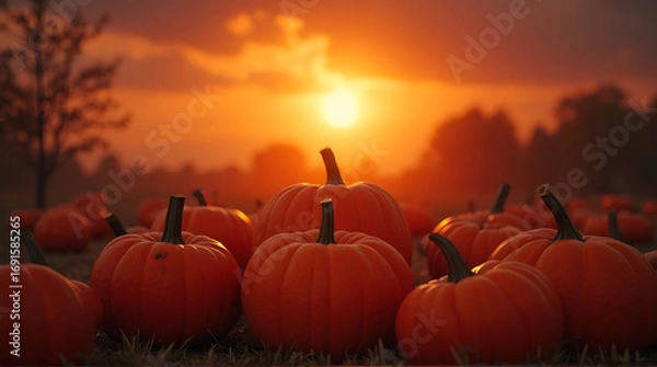 Fototapeta Autumn's Glow: Pumpkins bask in the warmth of a sunset in a tranquil field