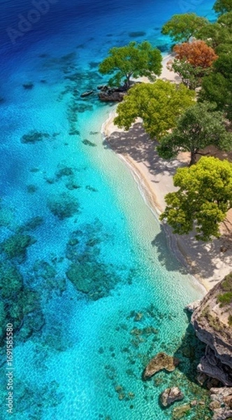 Fototapeta Aerial view of a secluded beach. Turquoise water meets a sandy shore lined with trees. Autumn hues add a touch of color. Rocky cliffs frame the scene