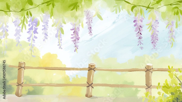 Fototapeta 紫藤花下木栅栏