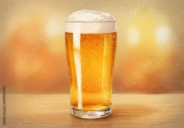 Fototapeta Refreshing golden lager beer with frothy head on wooden table, perfect for advertising and celebrations.
