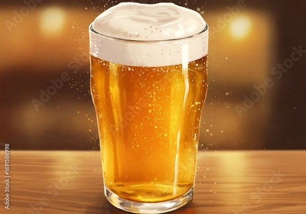 Fototapeta Refreshing golden beer with frothy head sparkles in warm ambient light on wooden bar top