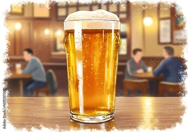 Fototapeta Crisp cold beer with refreshing bubbles cools you down in a cozy pub atmosphere