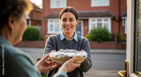 Fototapeta Kind neighbor delivering homemade casserole to thankful elderly woman at her front door with a smile