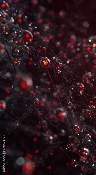Obraz A dark, blurred close-up shows a network of fine, dark lines connected by vibrant red and black spheres, like a futuristic molecular structure
