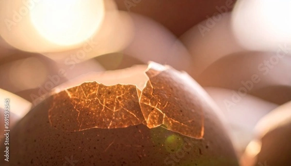 Fototapeta Intimate-close up of a delicate, cracked eggshell bathed in a warm, ethereal glow, evoking fragility, potential, and the subtle beauty of a new beginning amidst soft bokeh lights