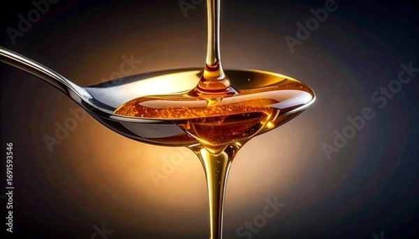 Fototapeta Golden Stream of Sweetness A close-up shot of rich honey or syrup slowly cascading onto a reflective metal spoon, highlighting its viscous texture and amber glow