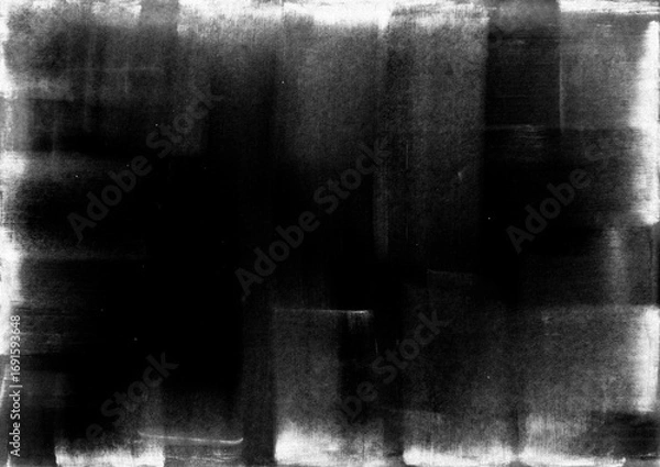 Fototapeta Abstract dark grunge paint brush texture frame background. Black and white weathered backdrop for overlay design.
