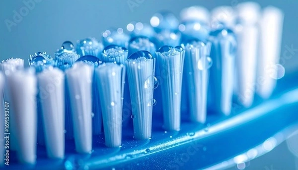 Fototapeta Close-up of a vibrant blue toothbrush-head with sparkling water droplets on its wet-bristles, highlighting oral-hygiene and fresh cleanliness