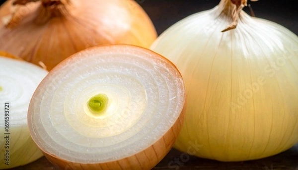Fototapeta Whole and sliced fresh onions – essential ingredients for flavorful cooking and healthy meals, showcasing their natural layered texture