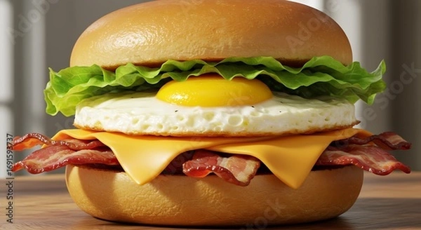 Fototapeta A mouth-watering close-up of a gourmet breakfast burger featuring crispy bacon, a perfectly fried egg, melted cheese, and fresh lettuce on a toasted bun.
