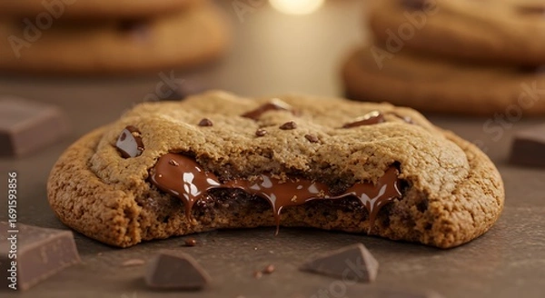 Fototapeta Close-up of a warm, freshly baked chocolate chip cookie with a bite taken out, revealing a rich, gooey melted chocolate center. Delicious dessert on a rustic background.