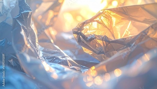 Fototapeta Abstract macro-like capture of light-shining crumpled plastic, studio-lit with ethereal warm and cool tones, highlighting its intricate texture and transparent nature