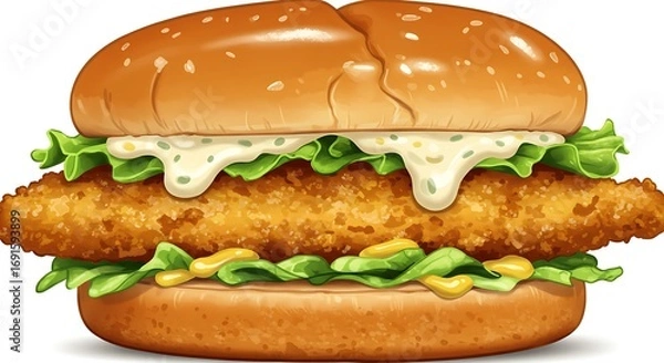 Fototapeta Vibrant illustration of a classic fried fish sandwich featuring a golden crispy fillet, fresh green lettuce, and generous dollops of creamy and yellow sauces on a toasted bun.