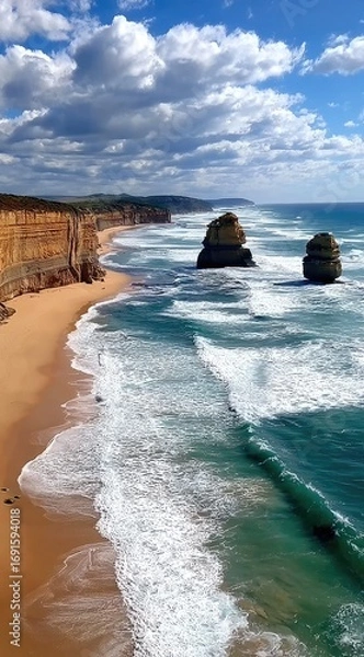 Fototapeta Cliffside vista over a sandy beach meeting turbulent turquoise ocean waves under a blue sky speckled with cumulus clouds