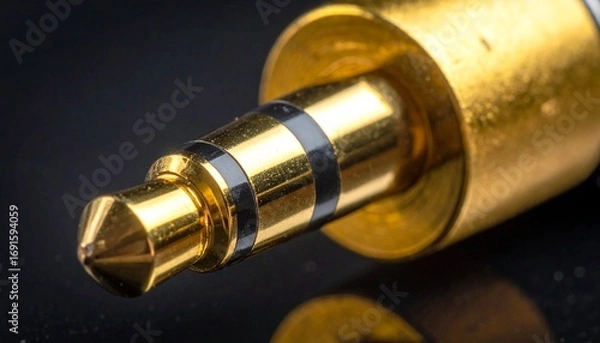 Fototapeta Extreme close-up of a shining gold-plated audio jack-connector, revealing its detailed surface texture and precise electrical contact bands for high-fidelity sound
