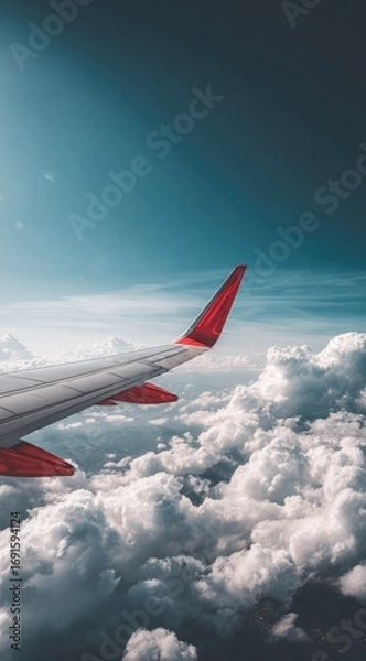 Fototapeta Airplane wing, red-tipped, soars above fluffy white clouds against a gradient blue sky.  The atmosphere is calming, emphasizing freedom and travel adventure